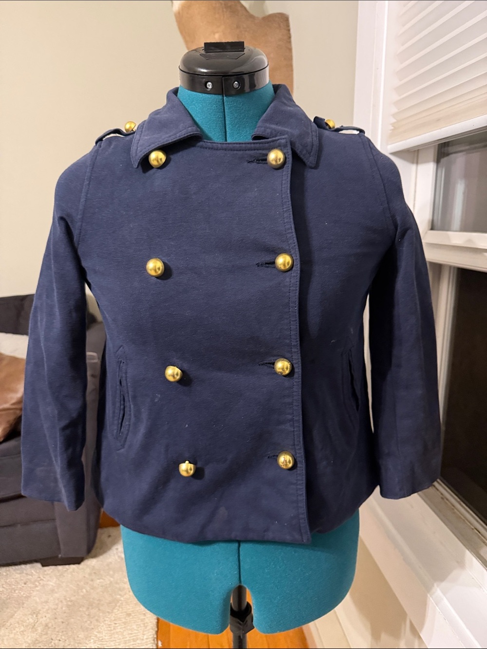 Womens Navy Double-Breasted Peacoat with Gold Buttons